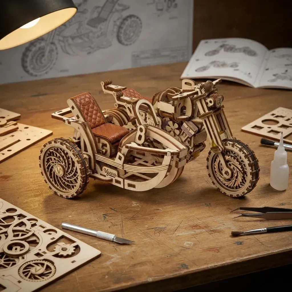 Wooden Mechanical Puzzles Sidecar Scrambler Motorcycle
